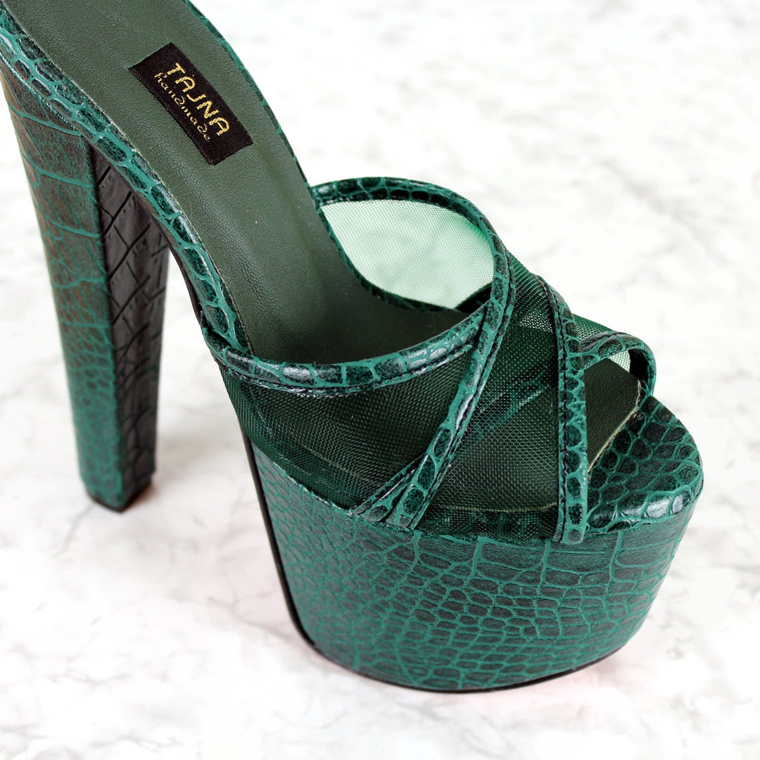 Green Snake Transparent Cross Strap Mules - Tajna Club