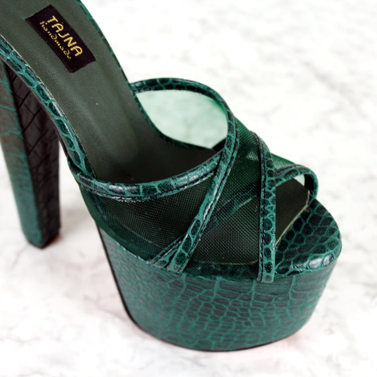 Green Snake Transparent Cross Strap Mules - Tajna Club