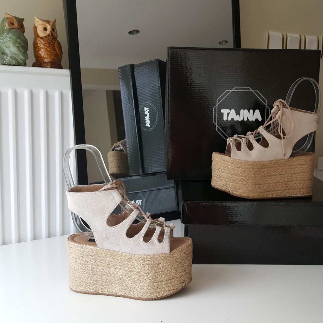 Cream Beige Suede Heel Platform Wedge Sandals - Tajna Club