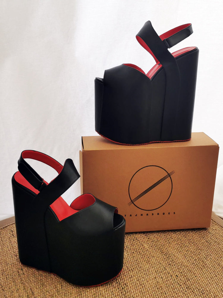 Black Red Extra Heel Wedge Sandals - Tajna Club