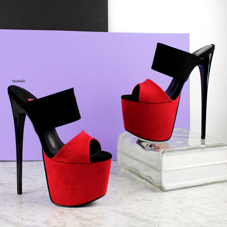 Red Black Suede Double Strap Mules - Tajna Club