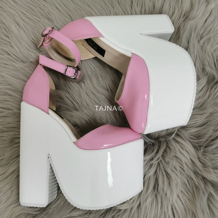 Pink White Patent High Heel Wedges - Tajna Club