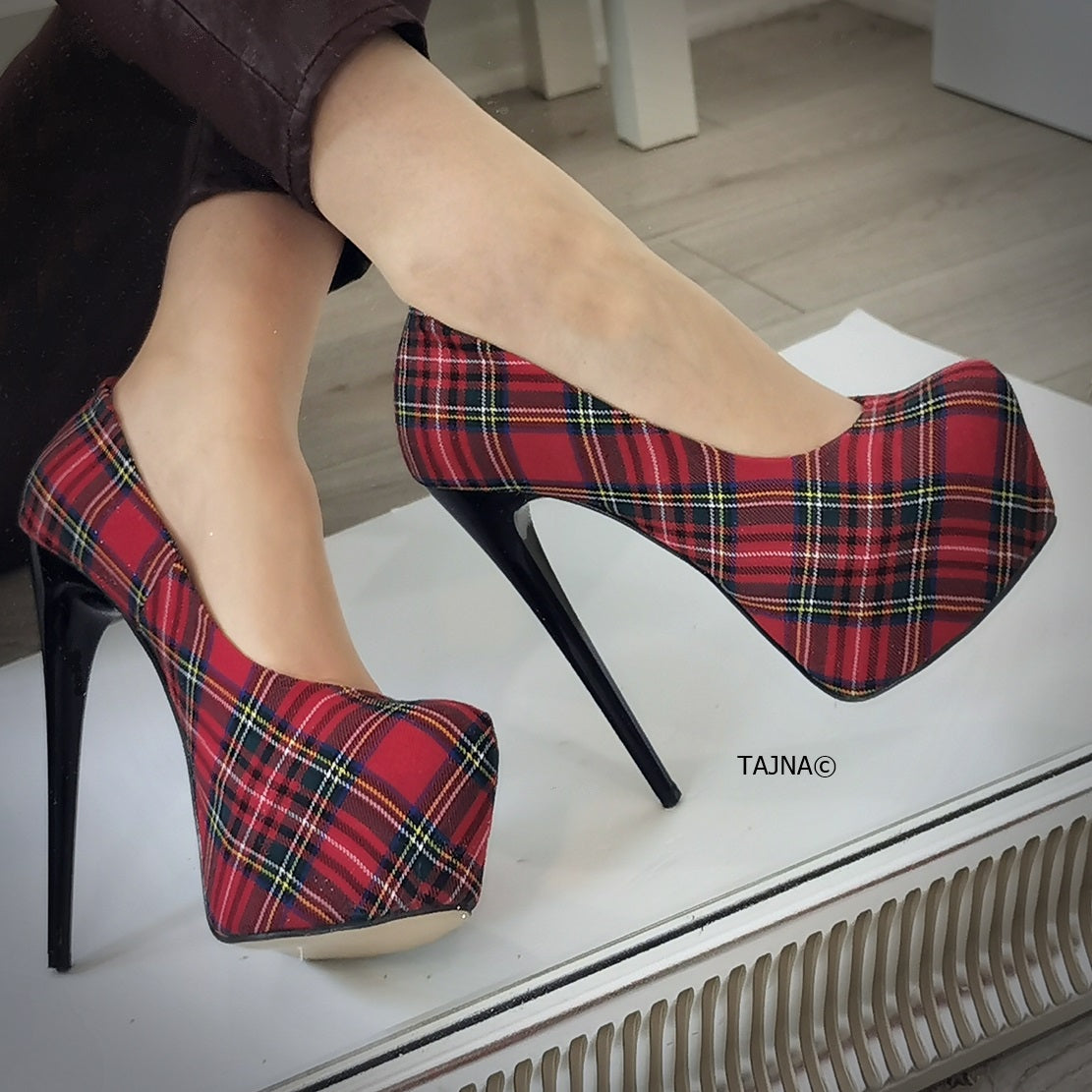 Red tartan heels shop