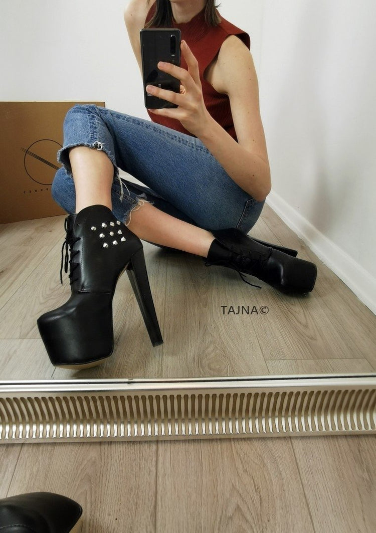 Pinned Black Lace Up Platform Ankle Booties - Tajna Club