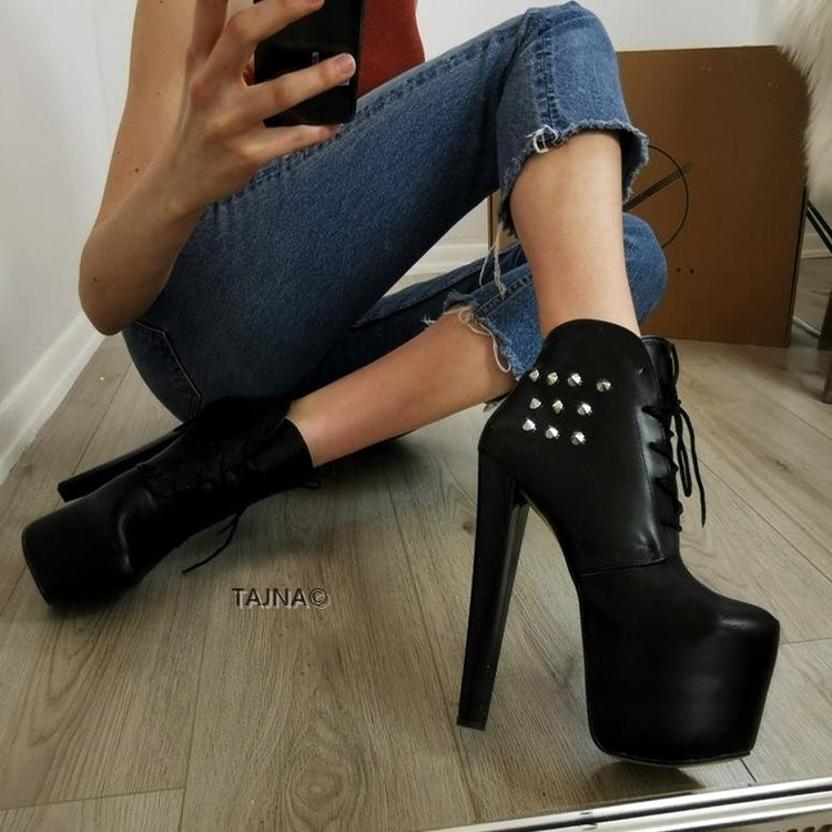 Pinned Black Lace Up Platform Ankle Booties - Tajna Club