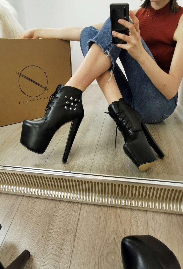 Pinned Black Lace Up Platform Ankle Booties - Tajna Club