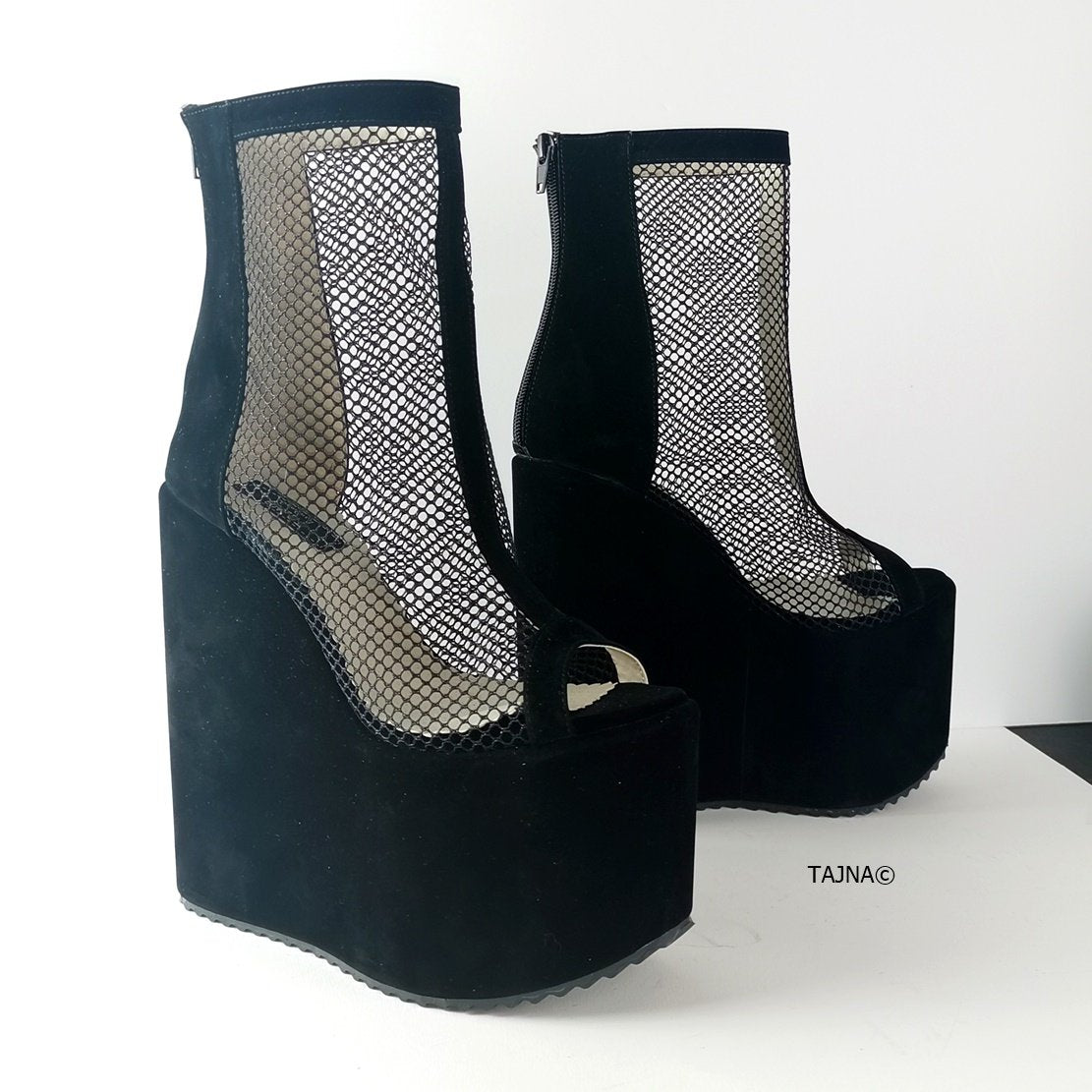 Black Fishnet Ankle Wedge Platforms - Tajna Club