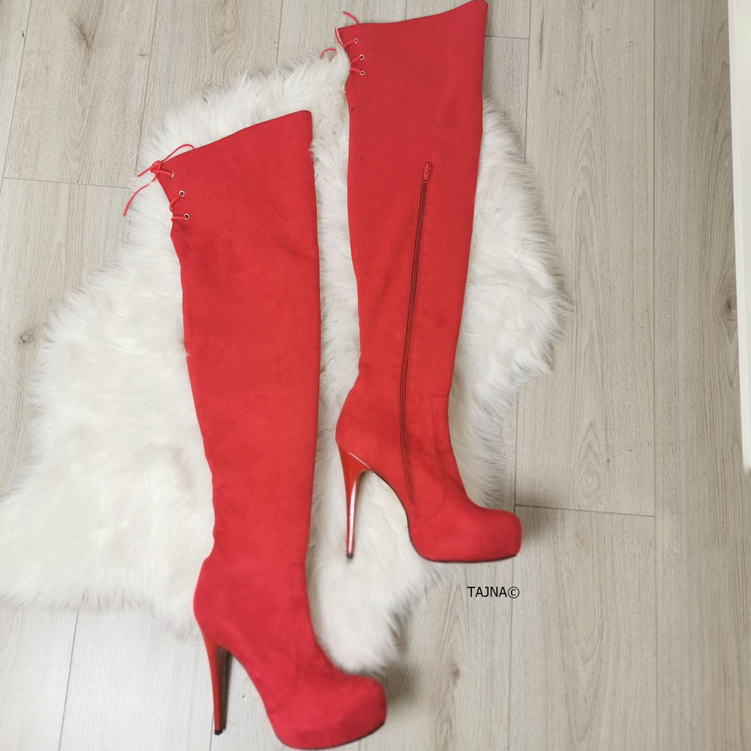 Red Suede Knee High Boots - Tajna Club