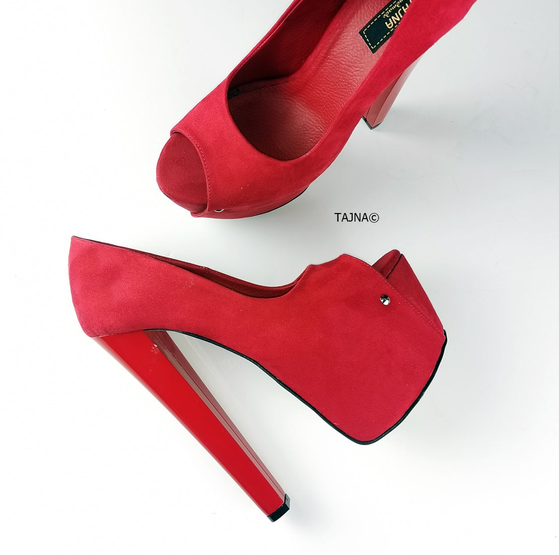 Red suede peep toe heels outlet