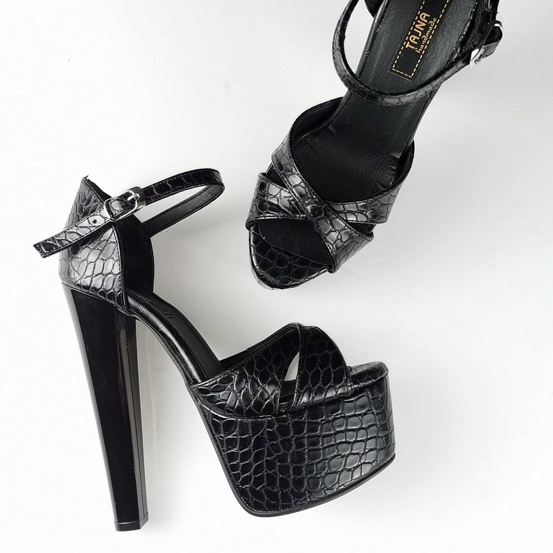 Black Croco Cross Strap High Heel Shoes - Tajna Club