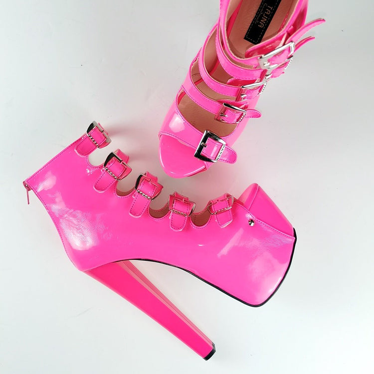 Neon Pink Patent Multi Belted High Heels - Tajna Club