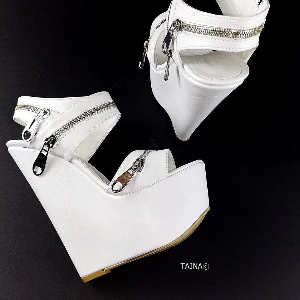 White Zipper Detail Wedge Sandals - Tajna Club