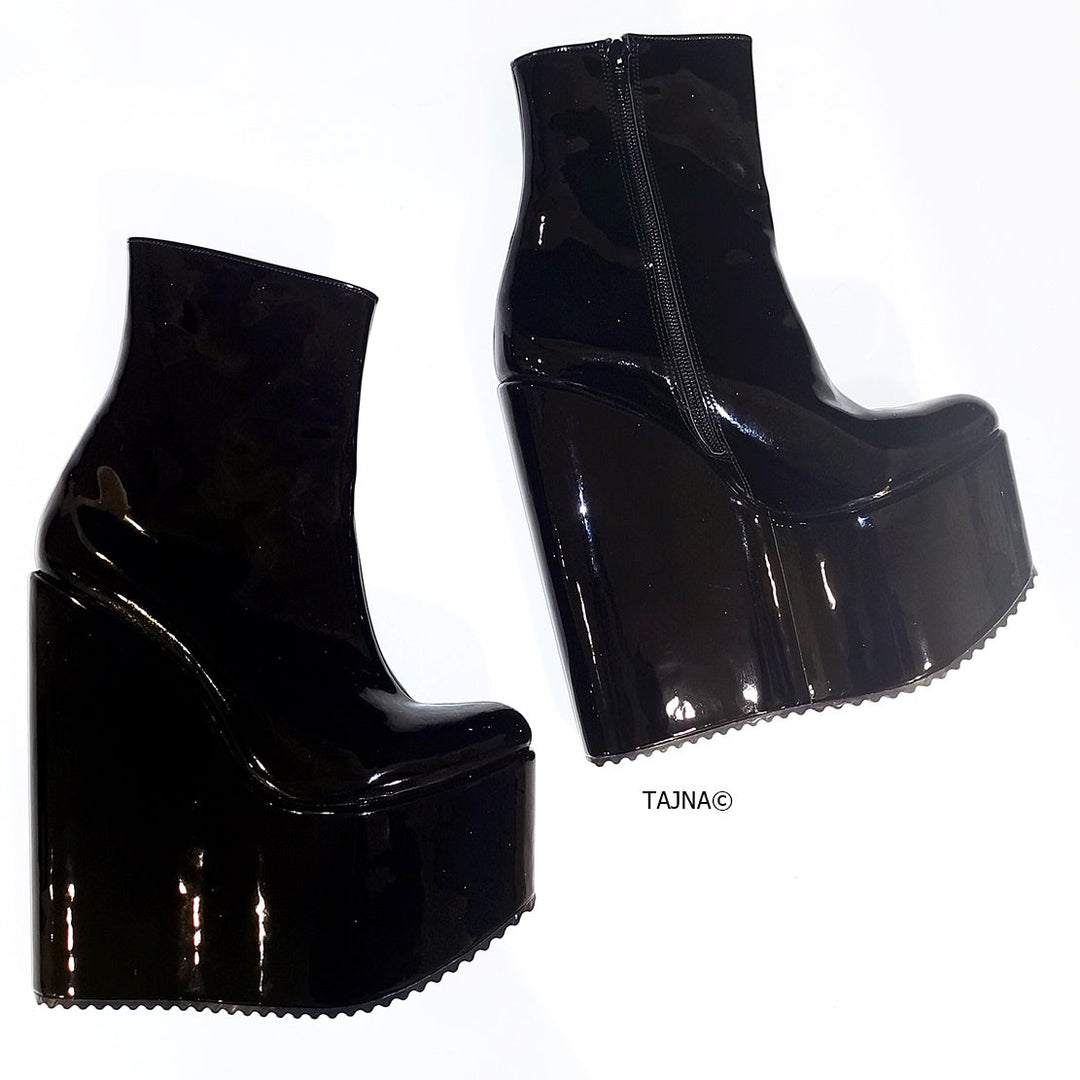 Black Patent Platform Wedge Boots - Tajna Club