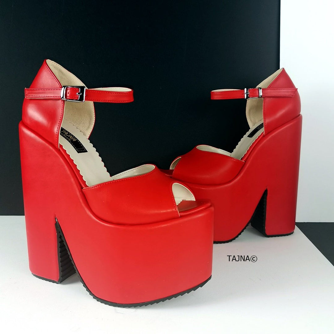 Red Ankle Strap Extreme Heel  Wedges - Tajna Club
