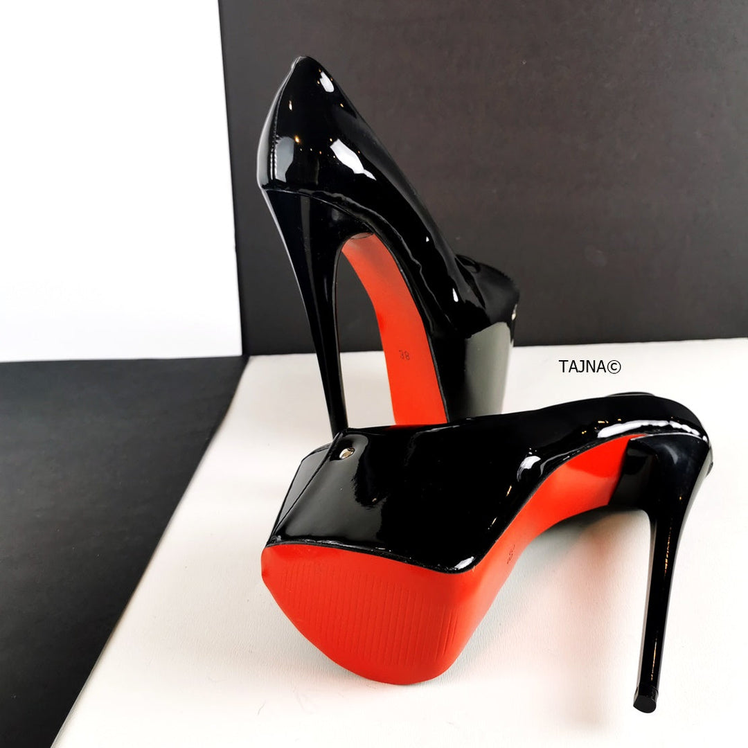 Black Patent Peep Toe High Heel Shoes - Tajna Club