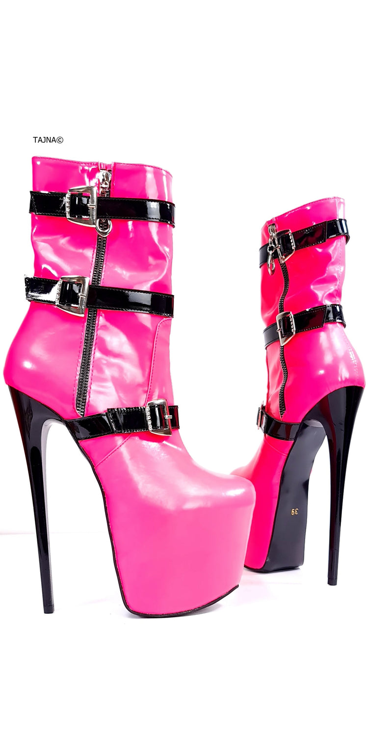 Neon Pink Black Belted High Heel Boots Tajna Club