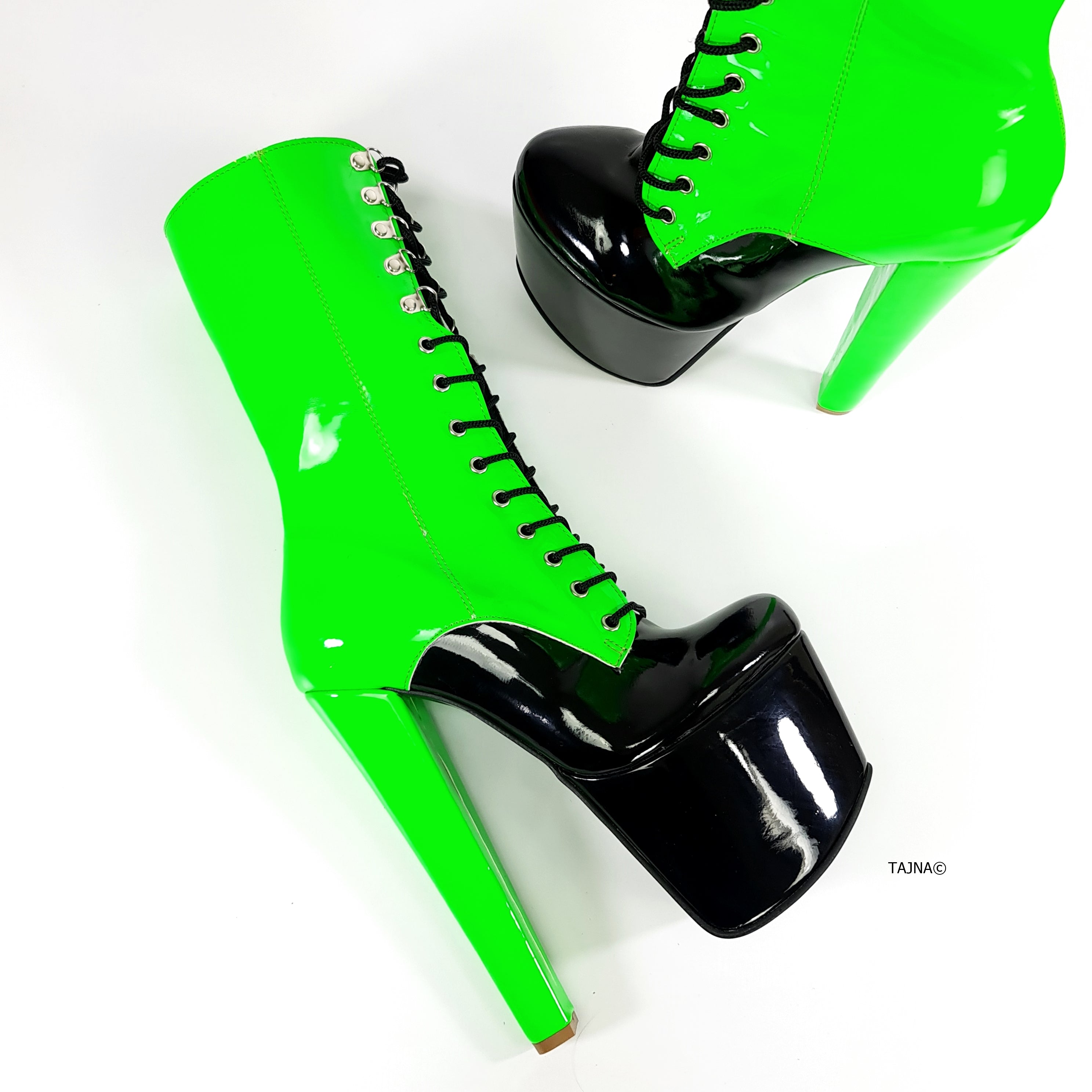 Neon Green Black Double Coloured Lace Up Boots Tajna Club