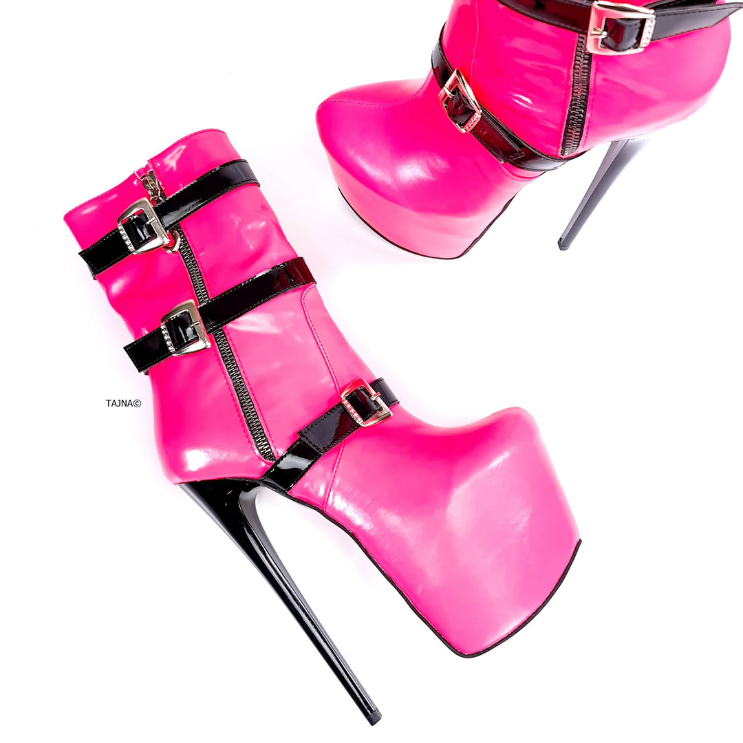 Neon Pink Black Belted High Heel Boots Tajna Club