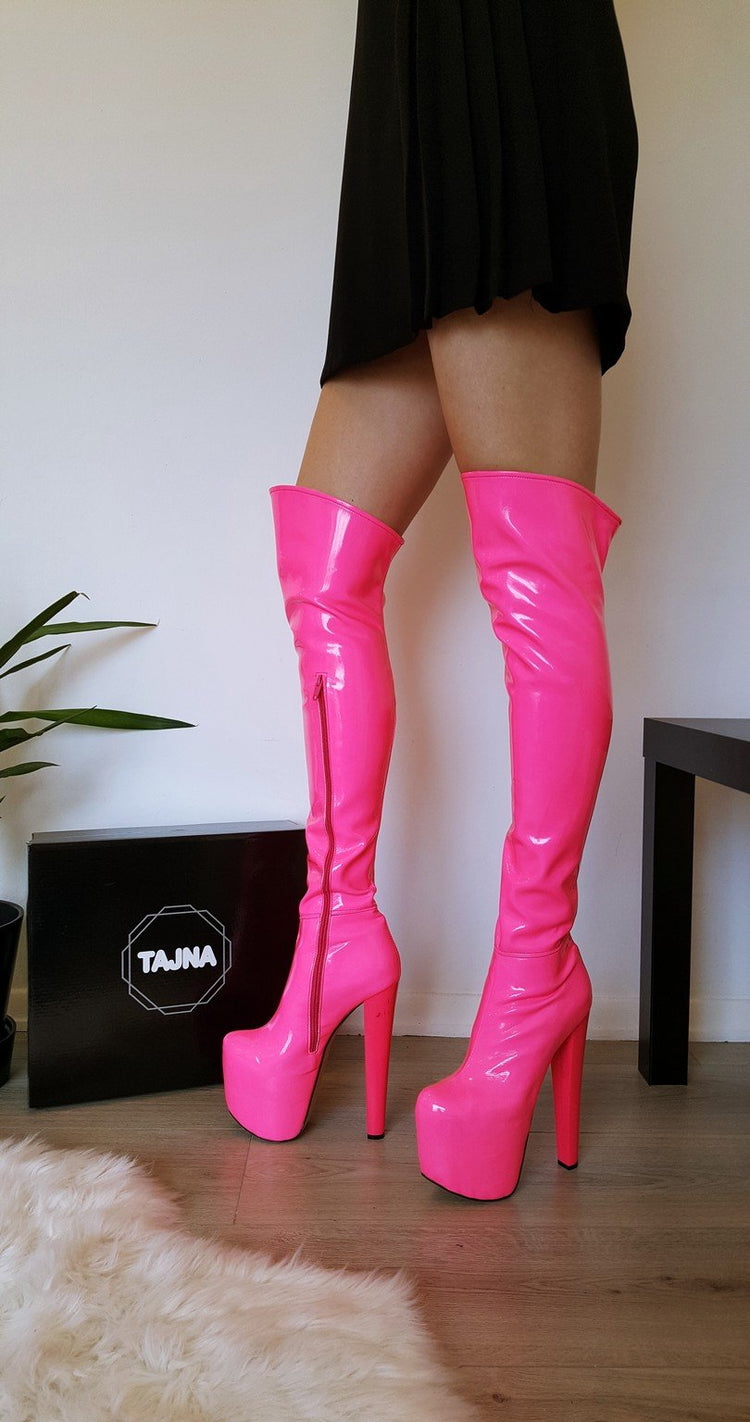 Neon Pink Strech Platform Boots - Tajna Club