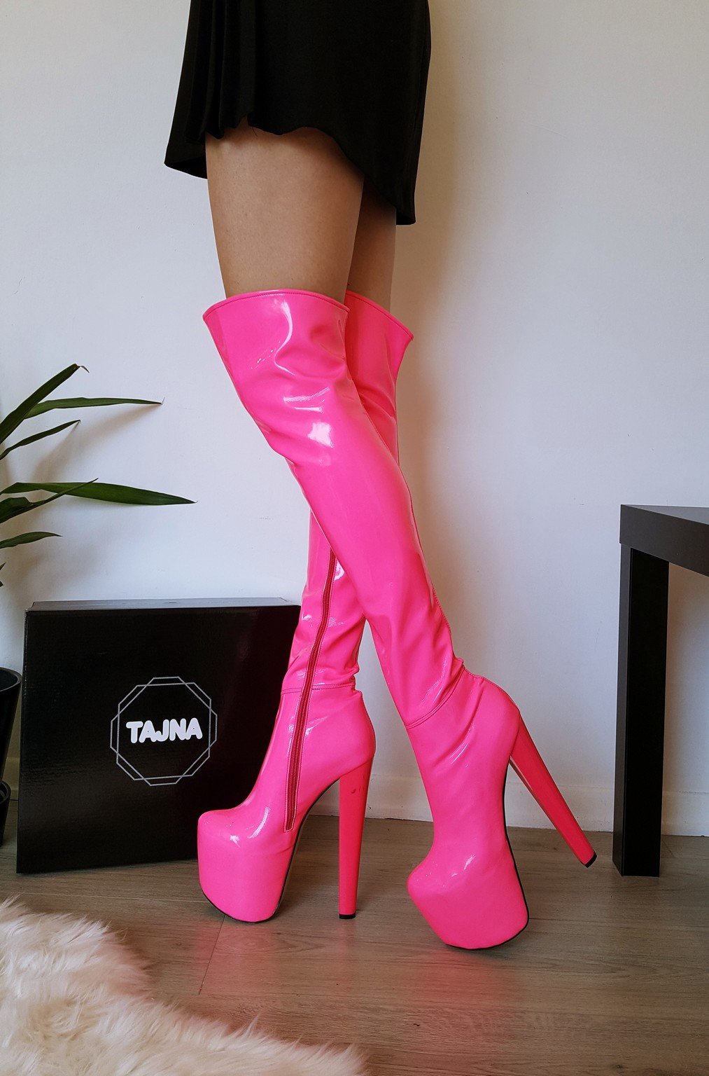 Neon Pink Strech Platform Boots - Tajna Club