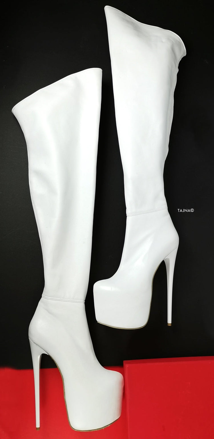 Genuine Leather White Thigh High Boots - Tajna Club