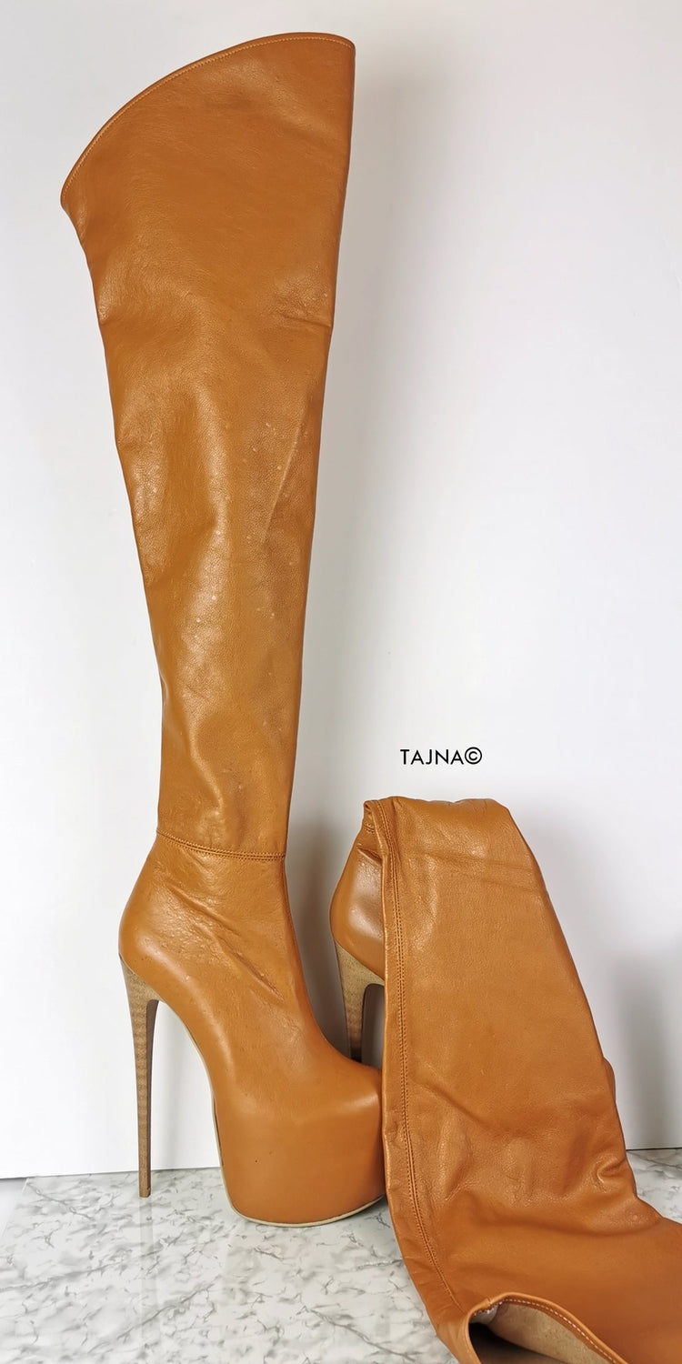 Genuine Leather Tobacco Brown Thigh High Boots - Tajna Club