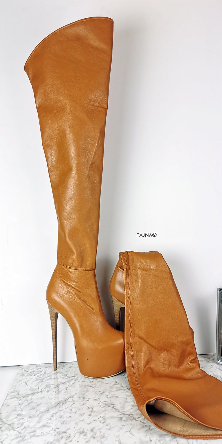 Genuine Leather Tobacco Brown Thigh High Boots - Tajna Club