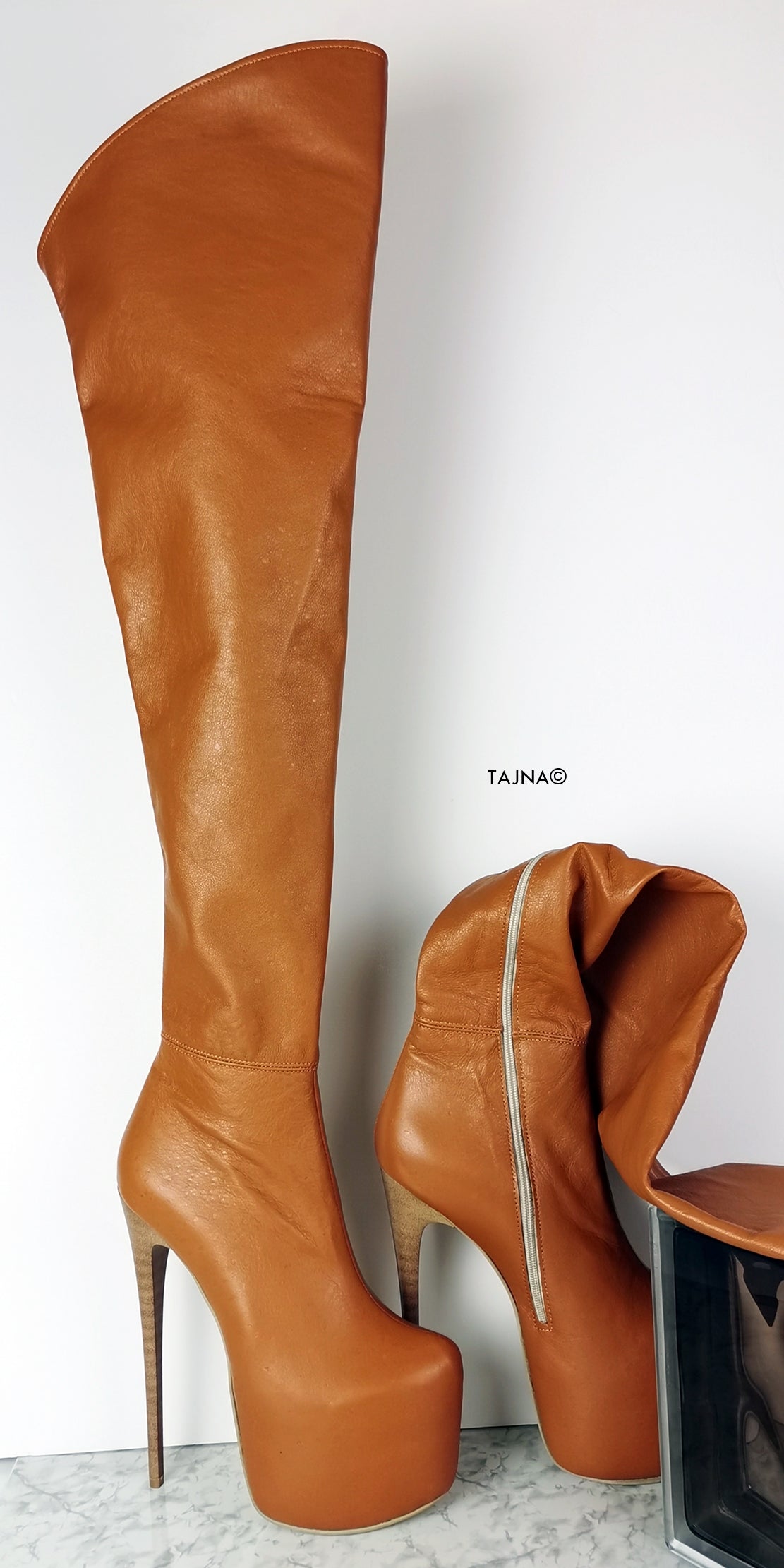 Brown leather thigh high boots hotsell