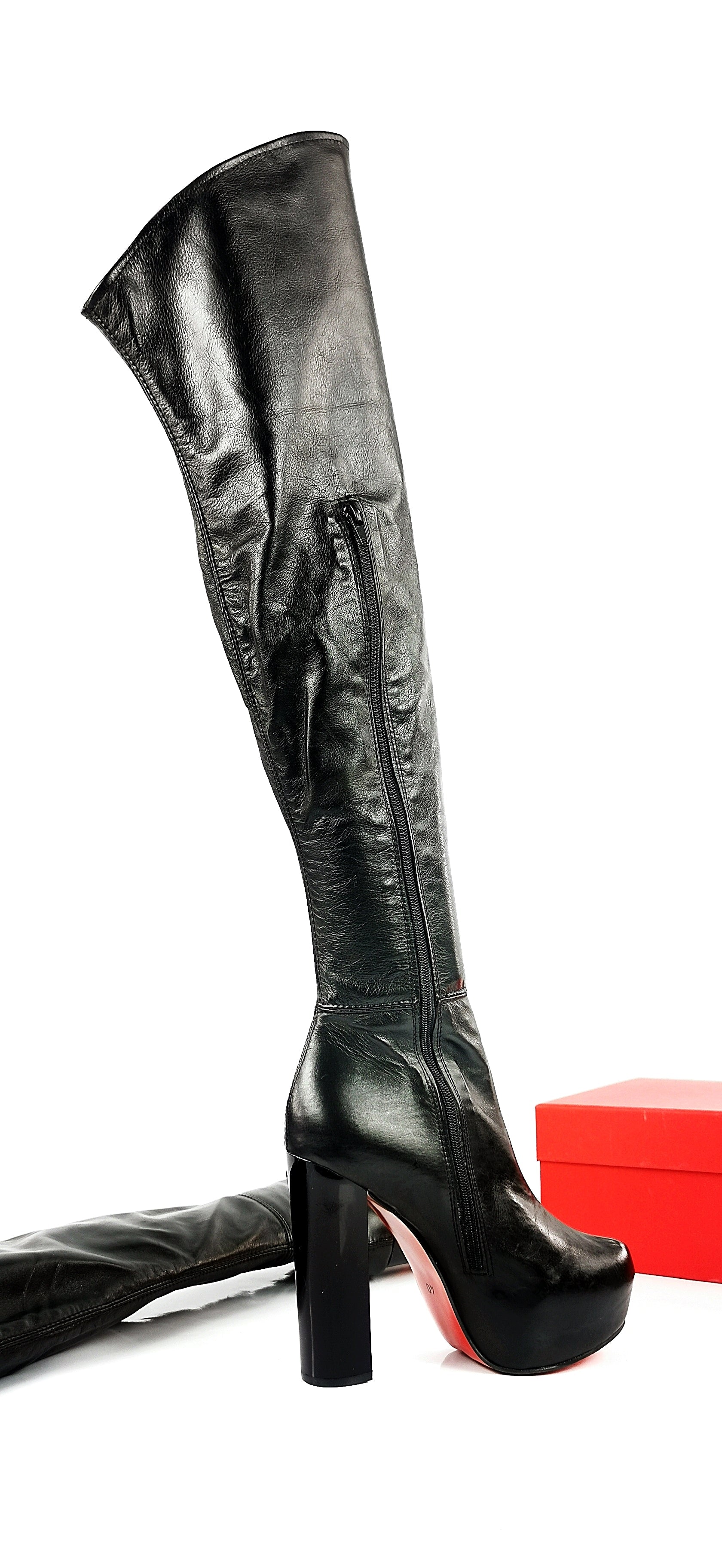 Genuine Leather Black Thigh High Chunky Boots - Tajna Club