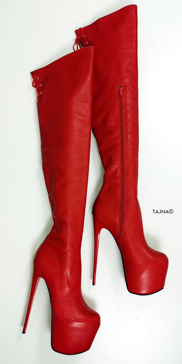 Red Genuine Leather Over The Knee Boots - Tajna Club