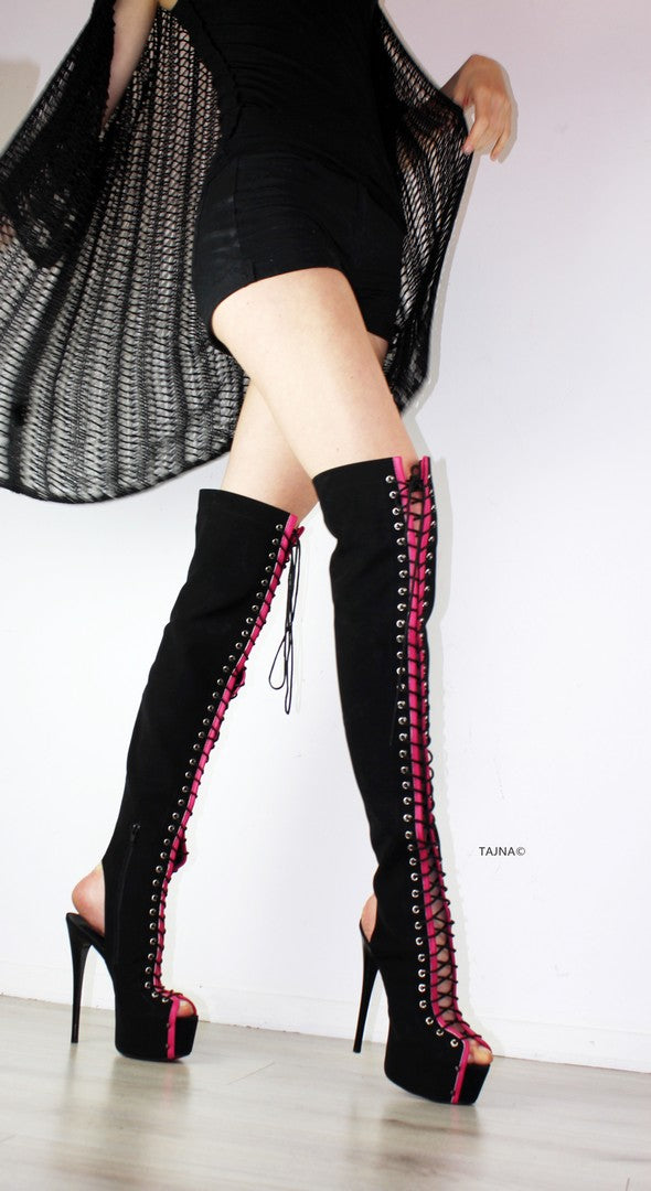 Gladiator Black Pink Knee High Boots Tajna Shoes Tajna Club