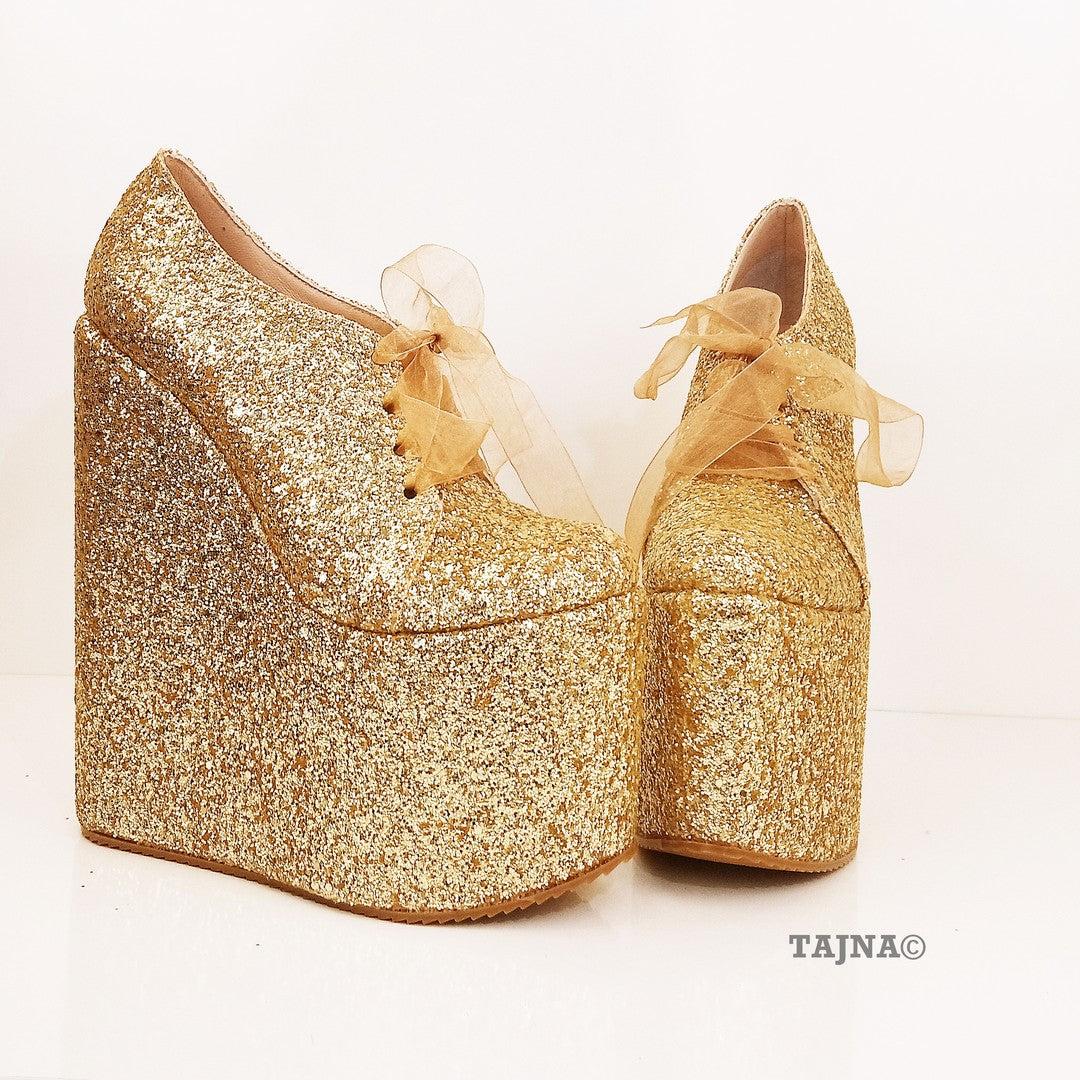 Gold Shinny Lace Up Shinny Wedge Platform Shoes - Tajna Club