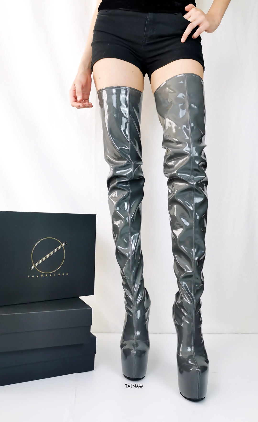 Gray Gloss Back Zipper Thigh High Boots - Tajna Club