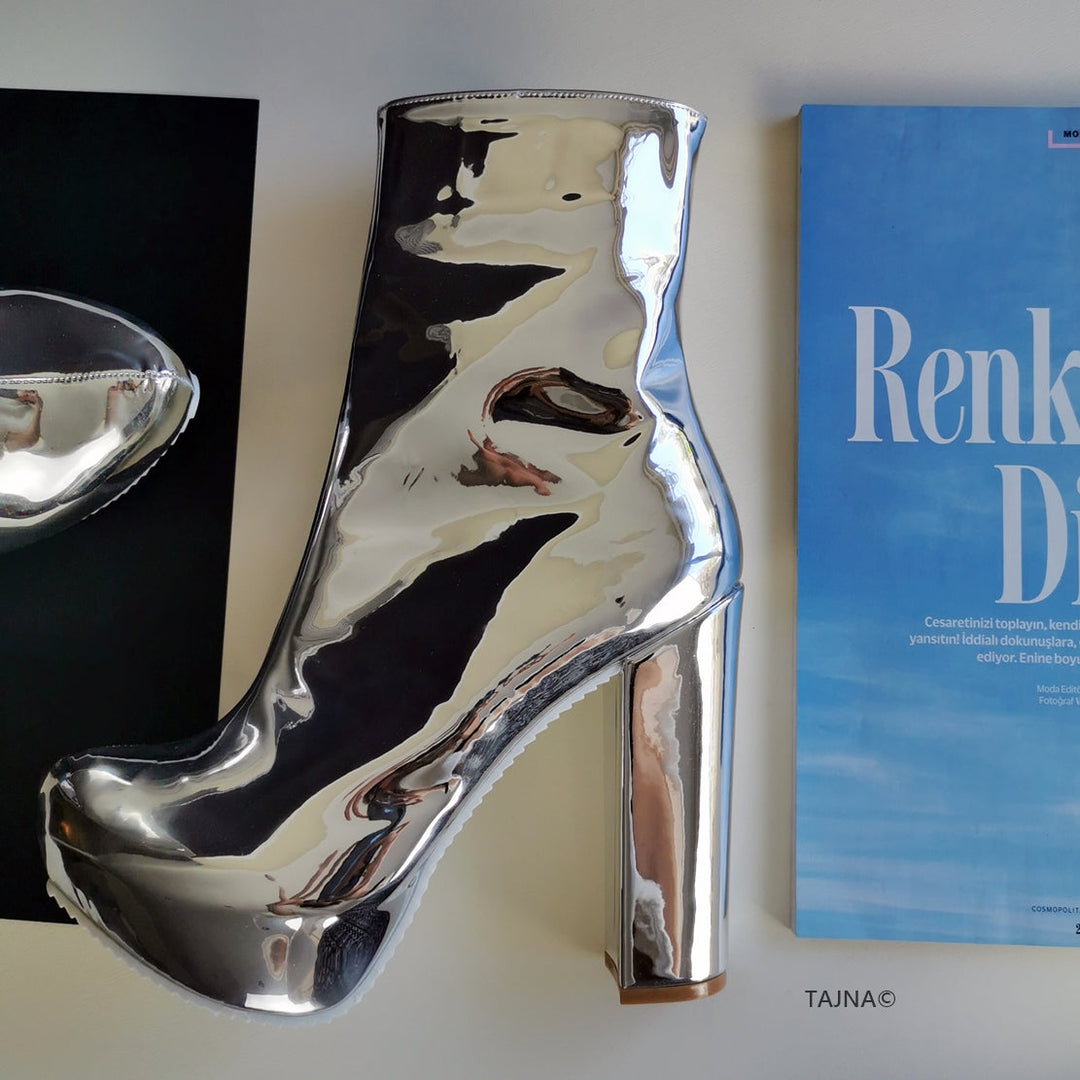 Silver Patent Mirror Chunky Heel Boots - Tajna Club