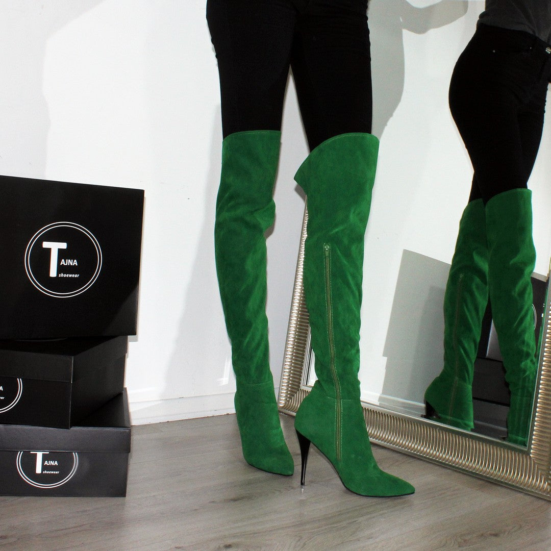 Over Knee Green Suede Pointed Nose Boots - Tajna Club
