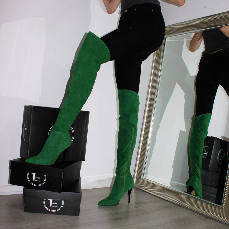 Over Knee Green Suede Pointed Nose Boots - Tajna Club