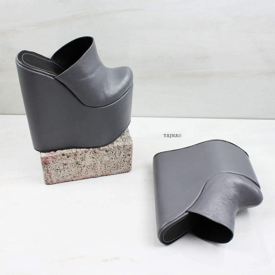Gray Sabo Platform Heel Wedge Mules - Tajna Club