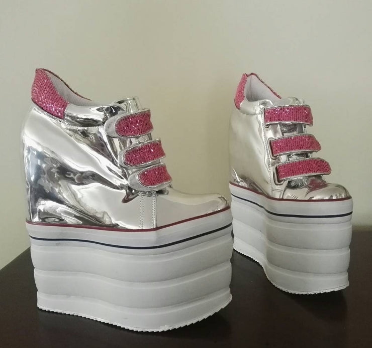 Silver Pink High Heel Wedge Casual Women Platform Shoes - Tajna Club