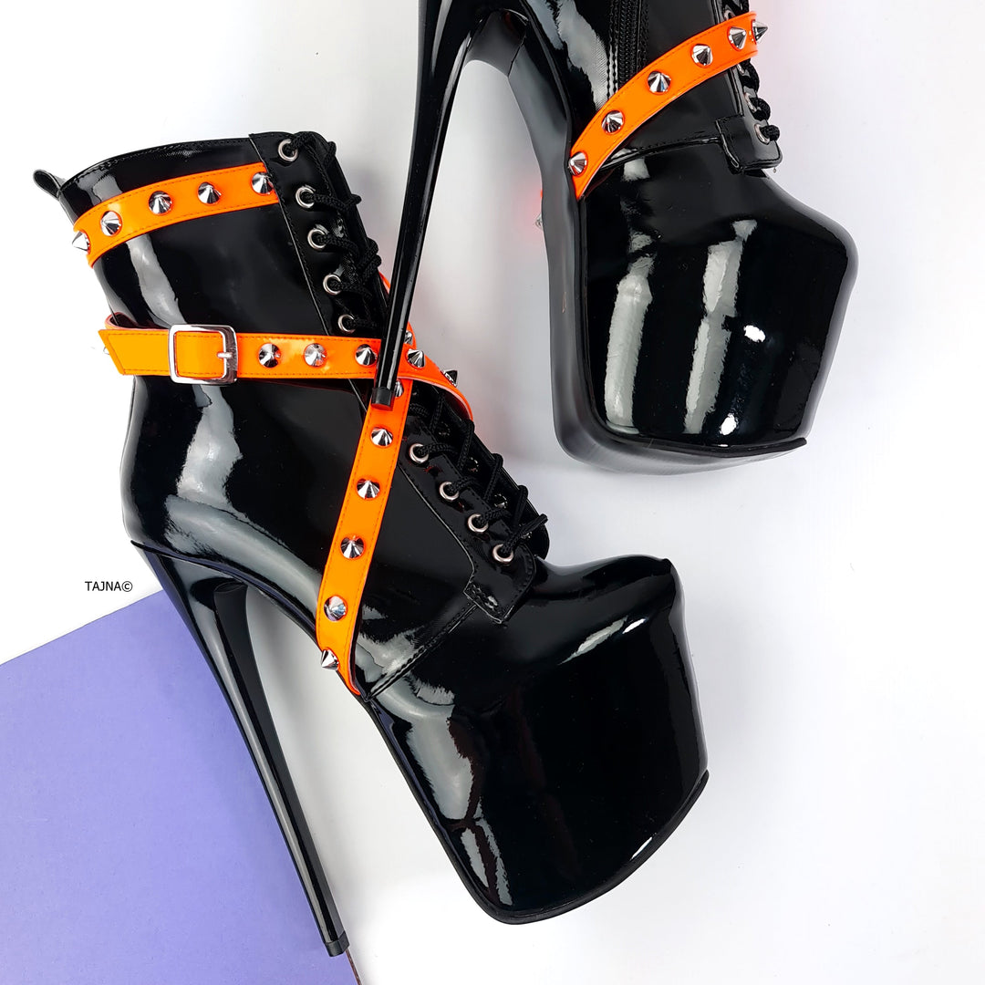 Black Orange Gloss Spike Rocker Boots High Heel Tajna Club Shoes