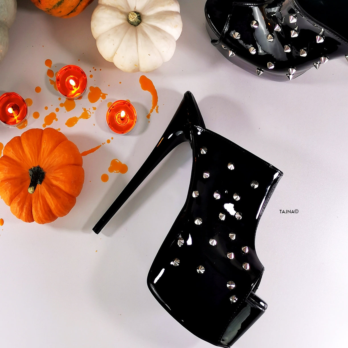 Stud Spike Black Gloos High Heel Mules | Tajna Shoes – Tajna Club