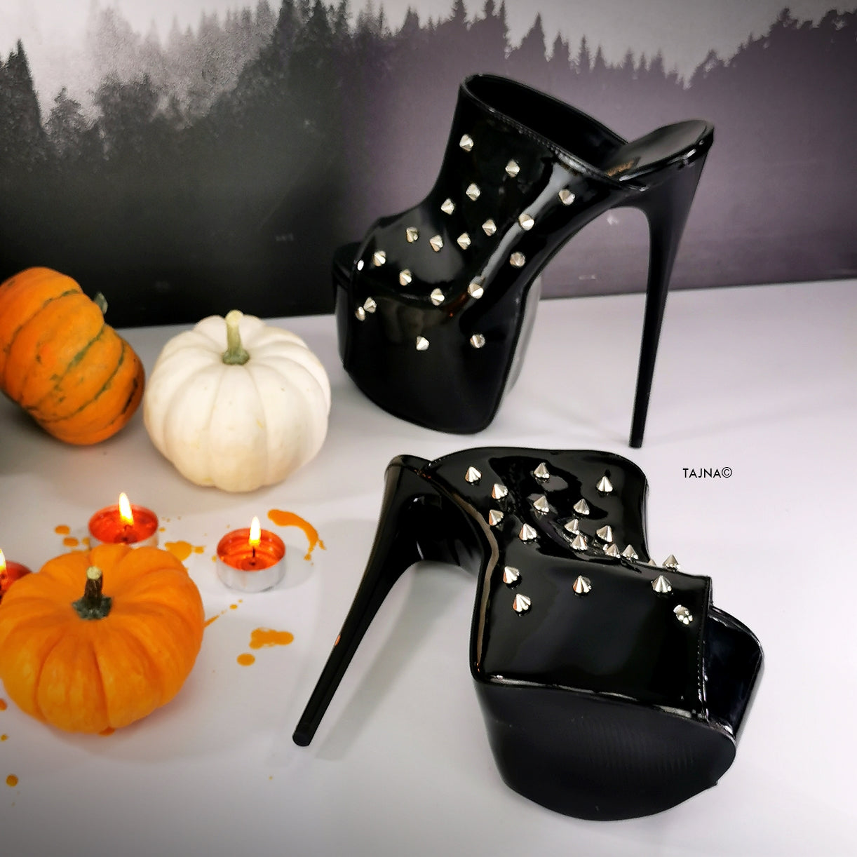 Stud Spike Black Gloos High Heel Mules | Tajna Shoes – Tajna Club