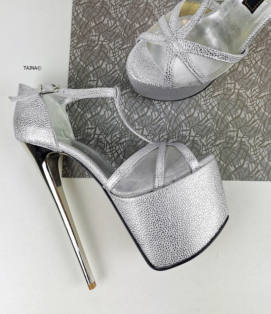Silver Leather Metallic Heel T Strap Sandals | Metallic high heels,  Platform high heel shoes, T strap sandals