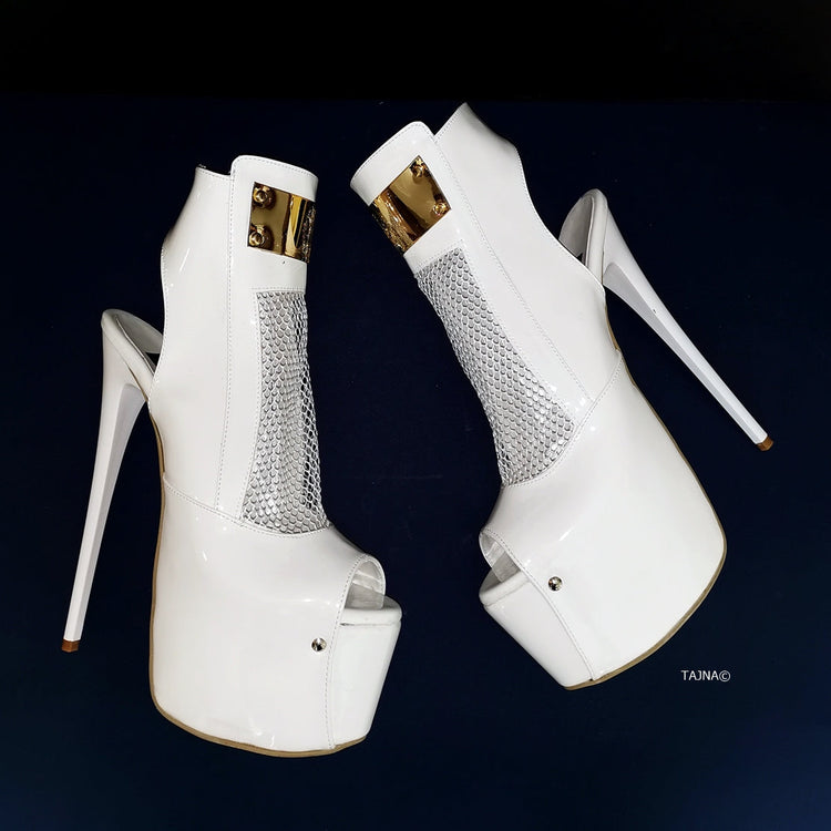 White Patent Fishnet Detail Designer Heels - Tajna Club