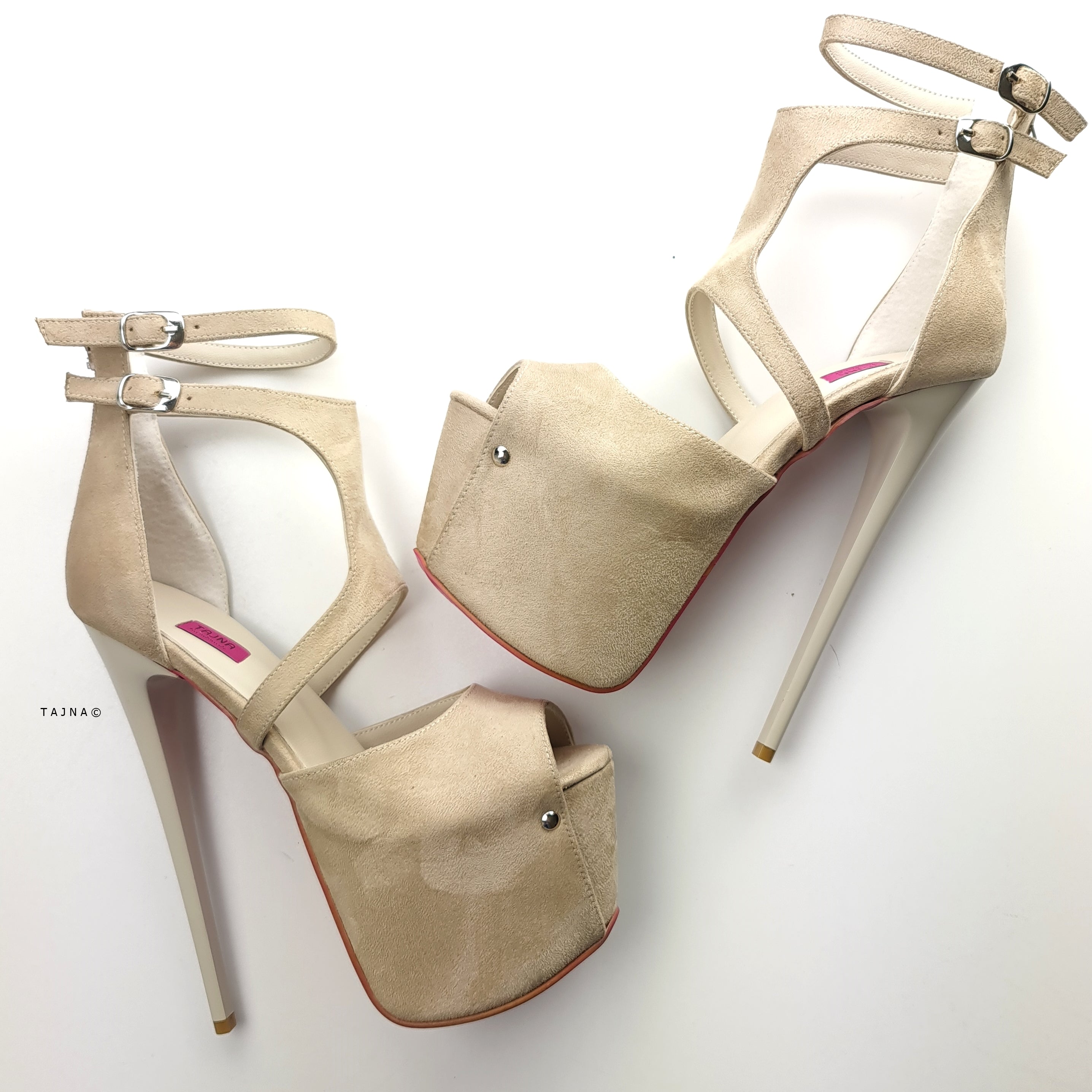 Cream Nude Suede Ankle Strap Peep To Heels Tajna Club Shoes