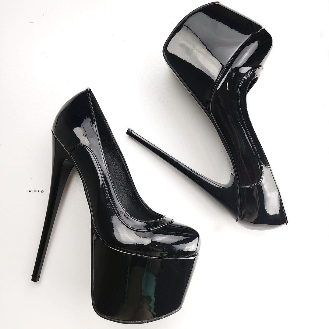 Double Black Gloss High Heel Platform Heels Tajna Club Shoes