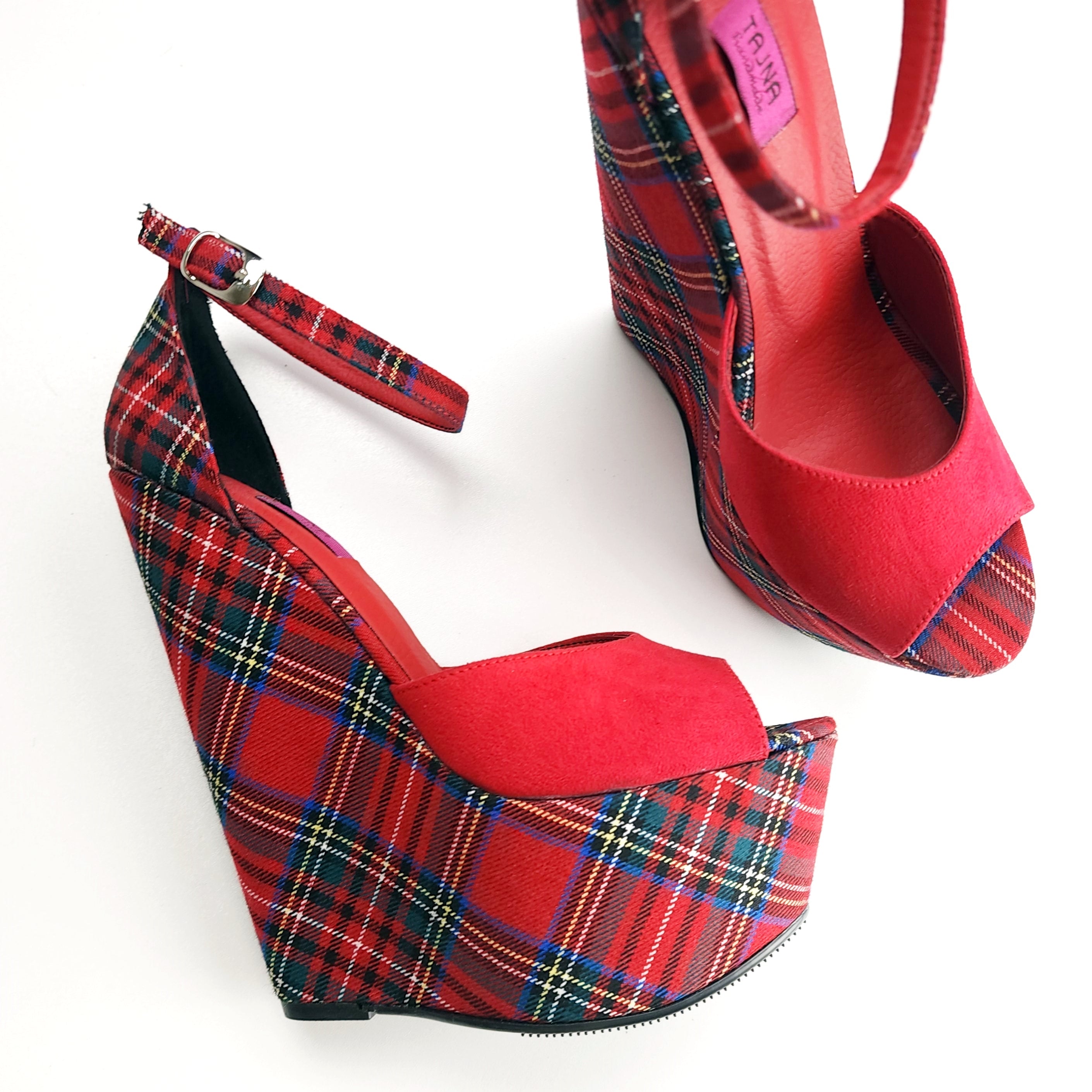 Tartan Red Suede Ankle Strap Wedge Sandals Ankle Strap Tajna Club Shoe