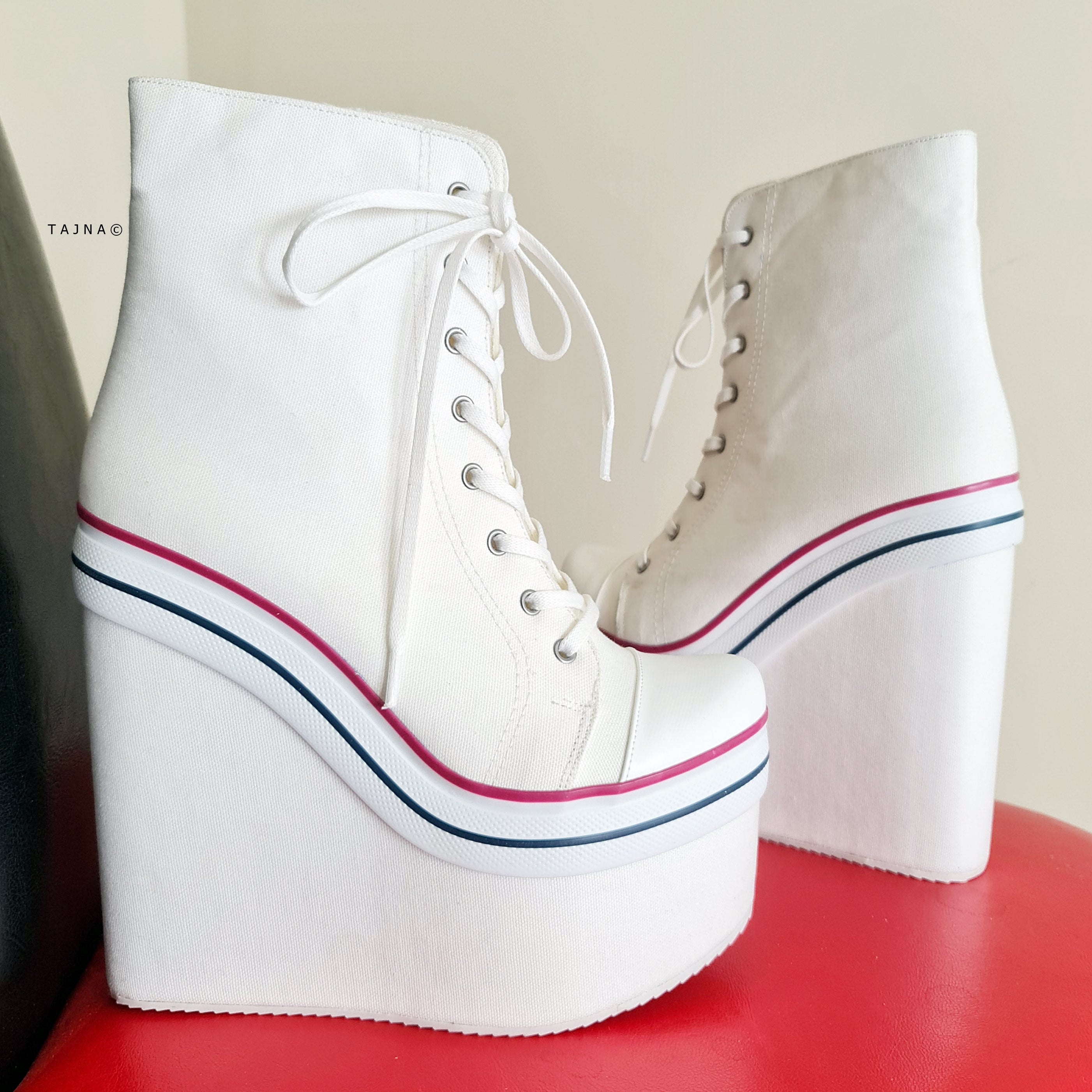White Lace Up High Heel Wedge Sport Platforms