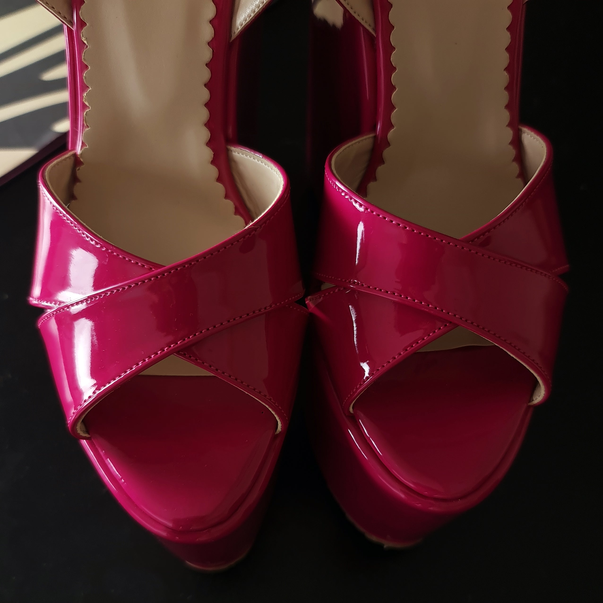 Fuschia Pink Gloss High Heel Wedge Platform Shoes