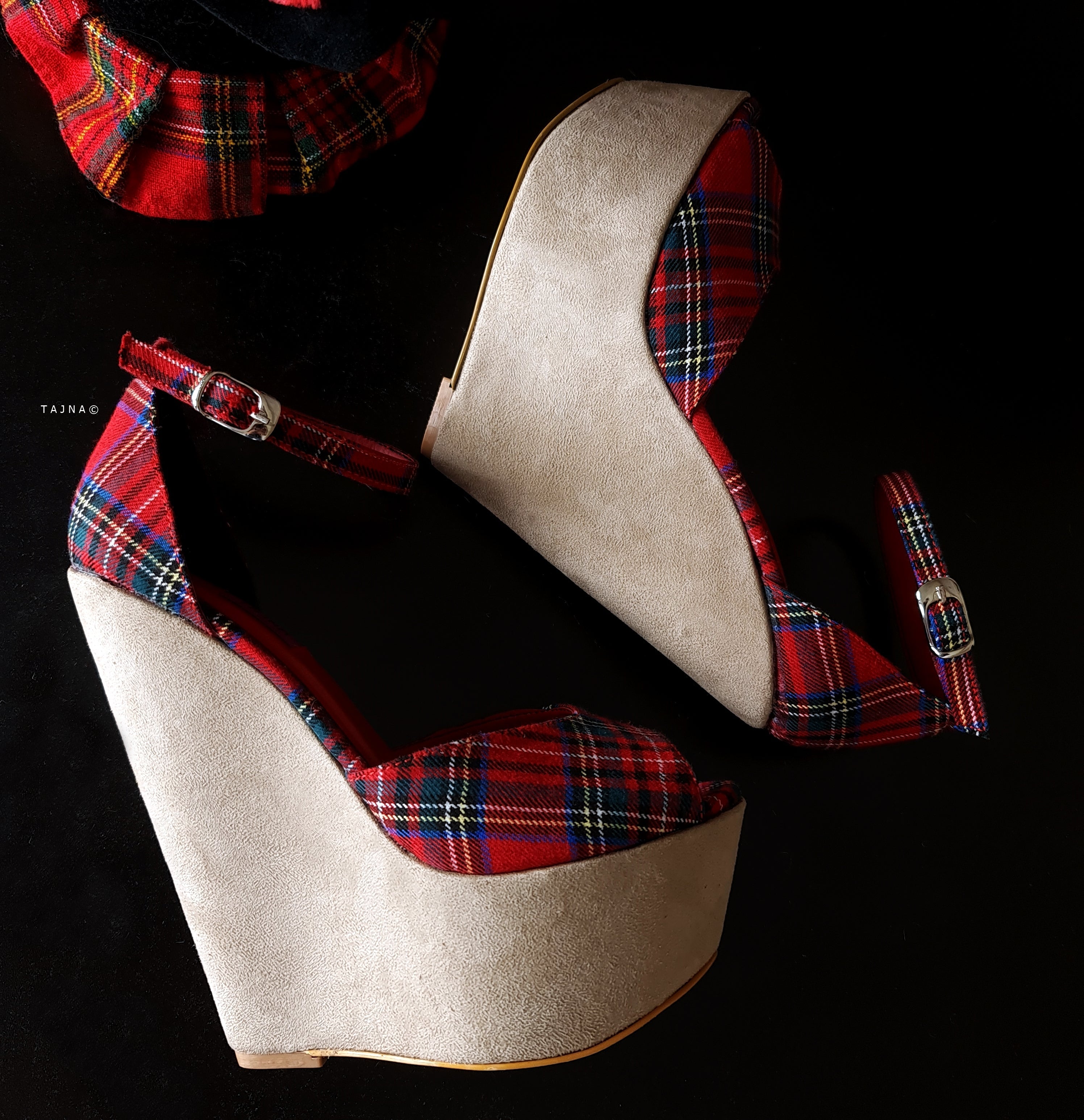 Beige Tartan Red Suede Ankle Strap Wedge Shoes