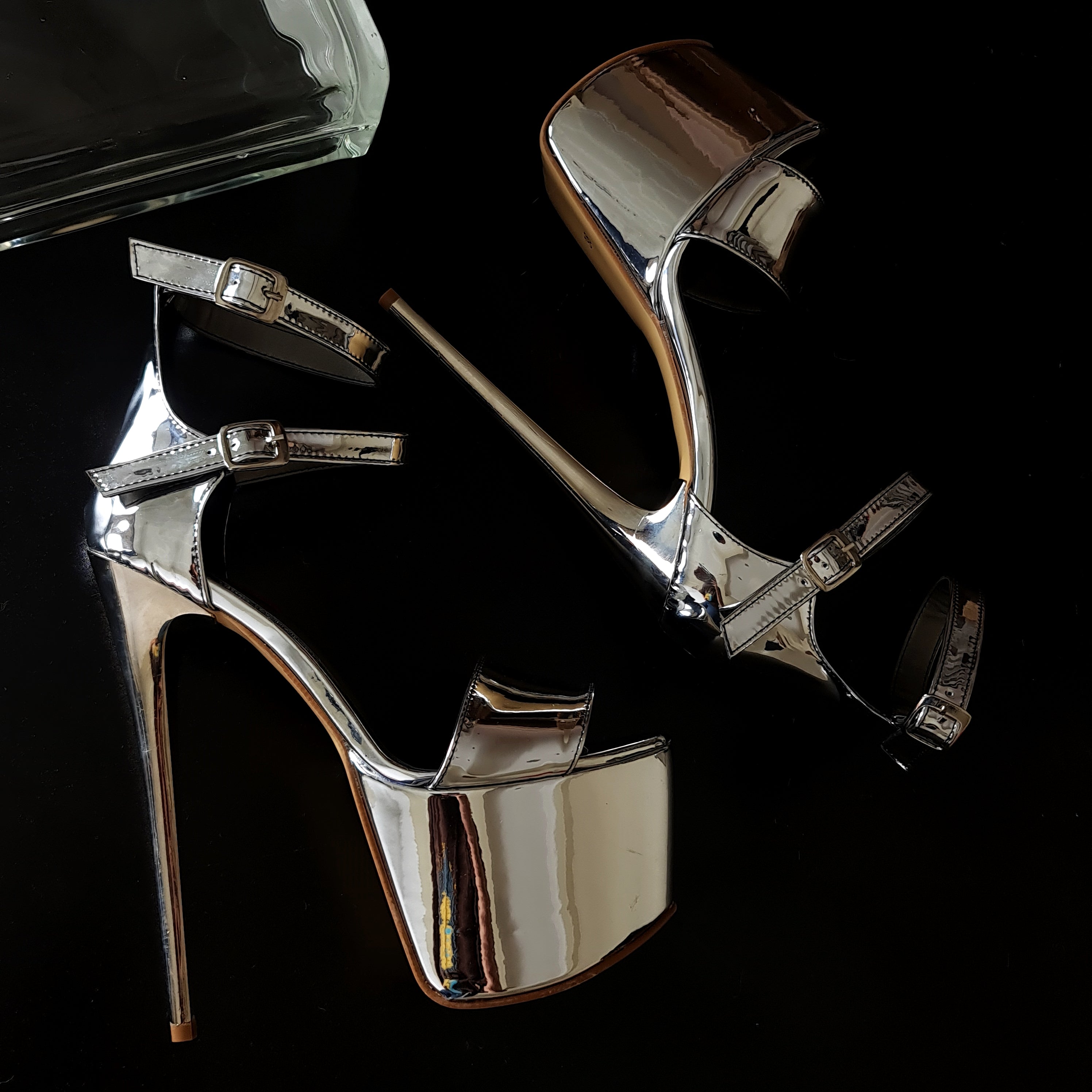 Silver Mirror Double Ankle Strap High Heels Tajna Club Shoes